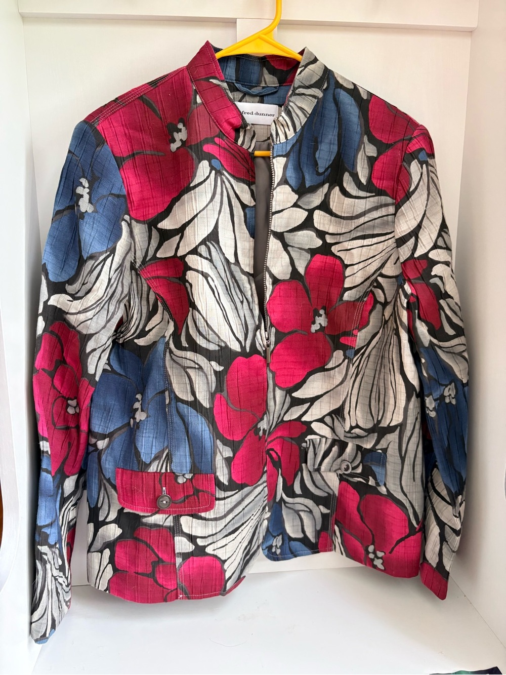 Alfred Dunner Floral Zip-Front Jacket in Fuchsia, Blue & White